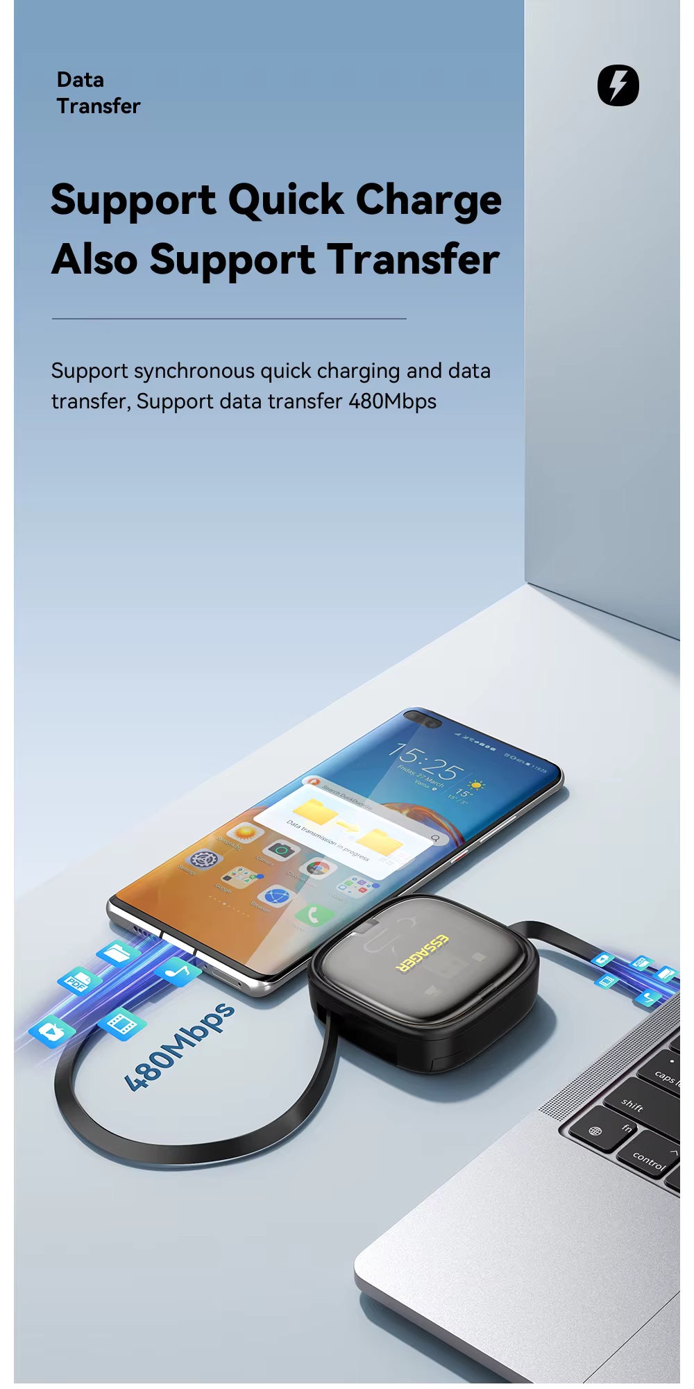 RS - Essager PD-60W USB-C-kabel - 'Snel opladen' - USB- A-, C-, Micro-, Lightning-oplaadkabel incl. toestel-houder en opbergdoos