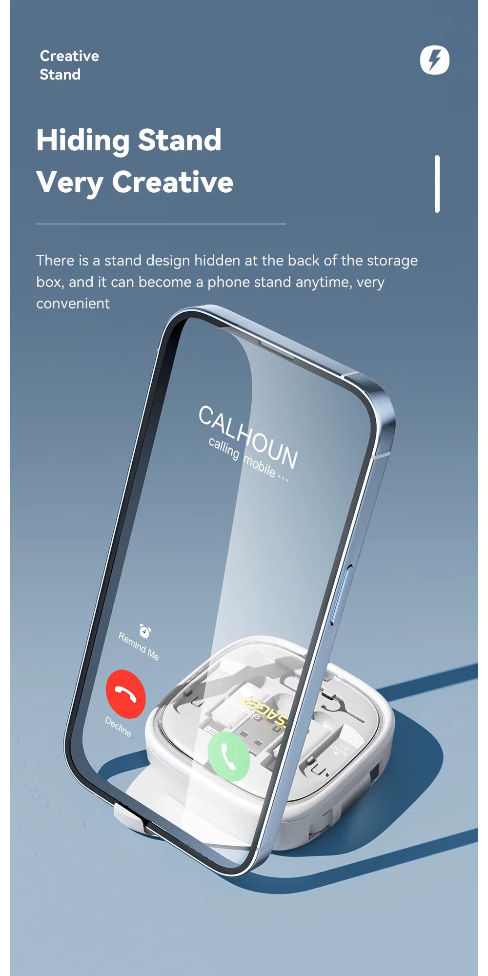 RS - Essager PD-60W USB-C-kabel - 'Snel opladen' - USB- A-, C-, Micro-, Lightning-oplaadkabel incl. toestel-houder en opbergdoos