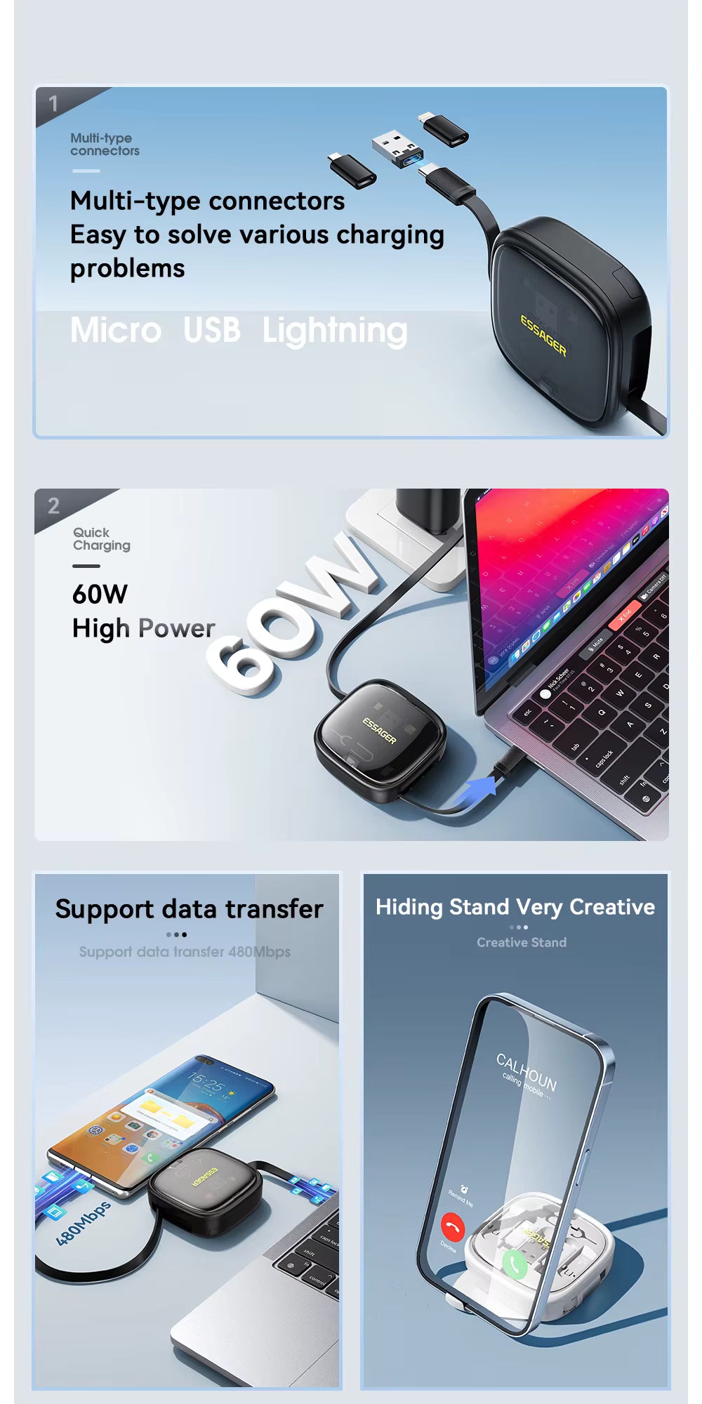 RS - Essager PD-60W USB-C-kabel - 'Snel opladen' - USB- A-, C-, Micro-, Lightning-oplaadkabel incl. toestel-houder en opbergdoos