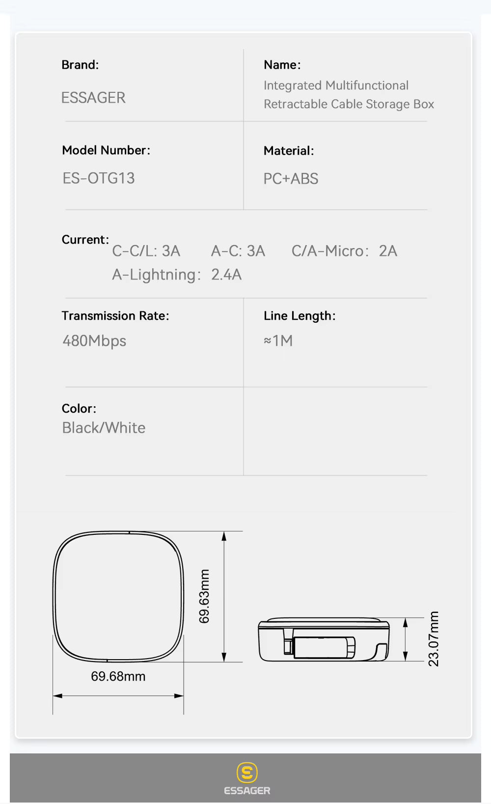 RS - Essager PD-60W USB-C-kabel - 'Snel opladen' - USB- A-, C-, Micro-, Lightning-oplaadkabel incl. toestel-houder en opbergdoos