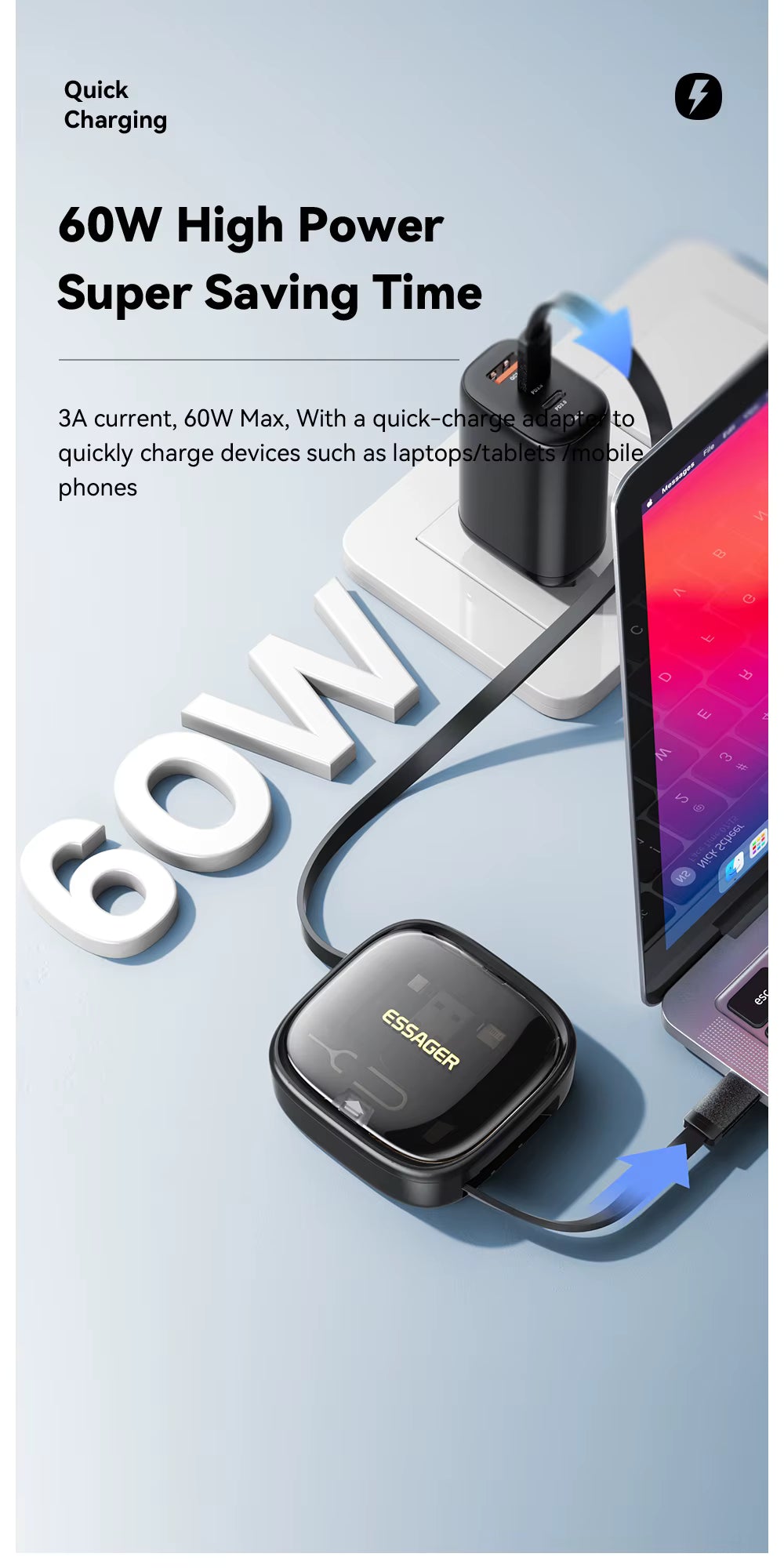 RS - Essager PD-60W USB-C-kabel - 'Snel opladen' - USB- A-, C-, Micro-, Lightning-oplaadkabel incl. toestel-houder en opbergdoos